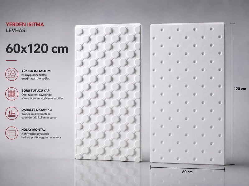 SRF Yıldırımlar yerden ısıtma levhası — 60 × 120 cm; solda boruyu kavrayan sekizgen kabartmalı yüz, sağda noktalı yüz